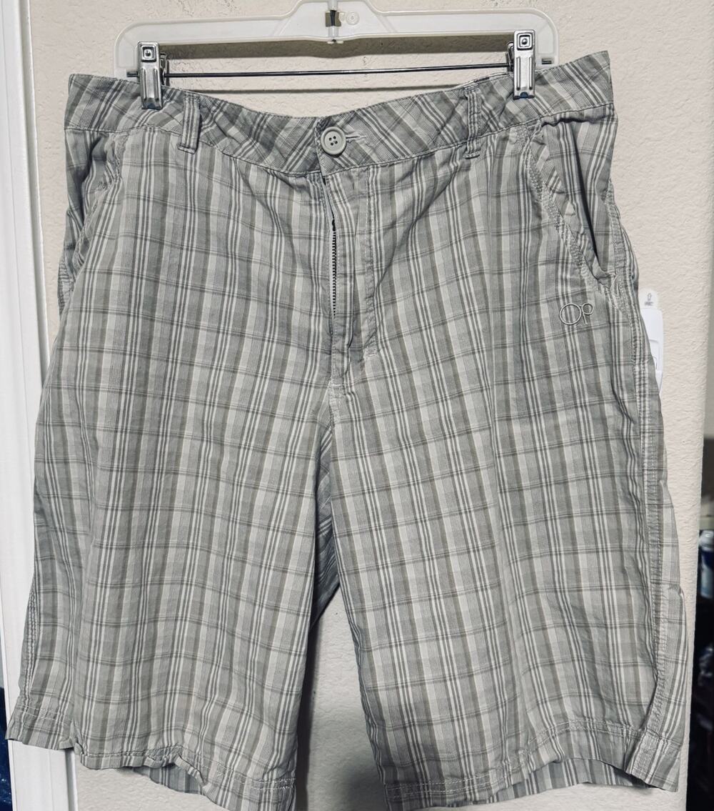 Ocean Pacific Op Plaid Shorts Mens 36X11 Beige 4 Way Stretch Golf Performance